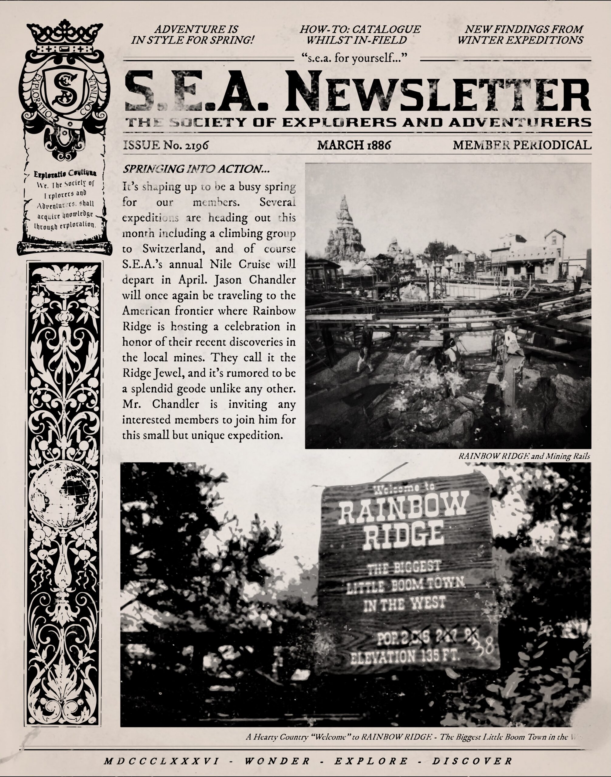 The S.E.A. Newsletter, Issue No. 2196, March 1886, with a Springing Into Action column mentioning Jason Chandler, Rainbow Ridge and the Ridge Jewel, above photos of Rainbow Ridge and its welcome sign