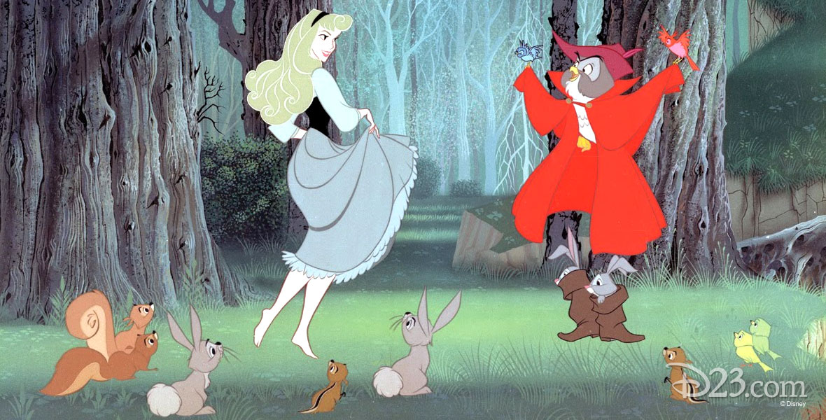 Princess Aurora dances in the forest with an owl dressed in a red cloak and woodland animals in Disney's 1959 animated film Sleeping Beauty