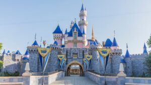 Exterior view of Sleeping Beauty Castle inside Fantasyland at Disneyland Park in Anaheim, CA