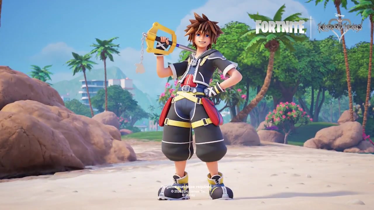 Sora stands on a beach holding the Kingdom Key over his shoulder in his black and red Kingdom Hearts II outfit, with Fortnite and Disney Kingdom Hearts logos in the corner
