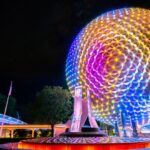 Spaceship Earth at EPCOT lit up in rainbow colors at night