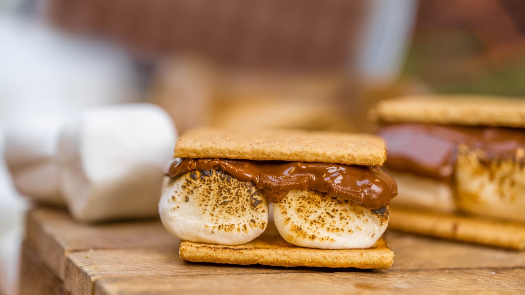 Marshmallow and chocolate s’mores on a table