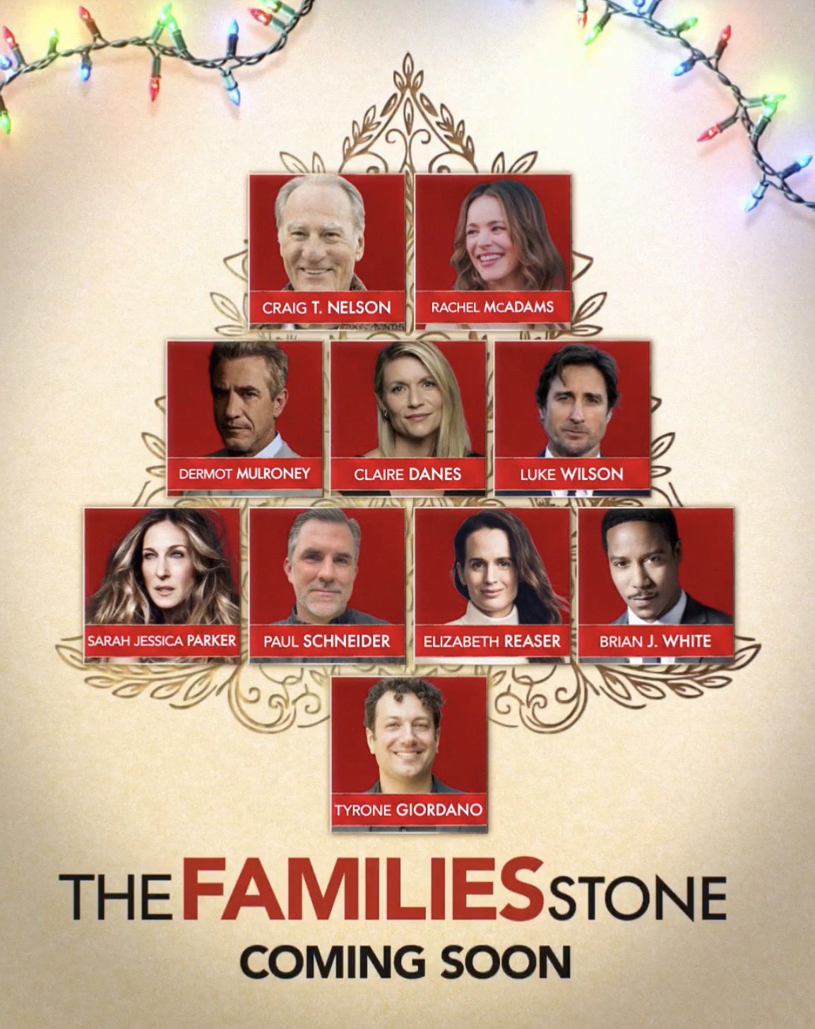 The Families Stone cast poster from Searchlight Pictures arranging ten returning cast members in the shape of a Christmas tree with the words Coming Soon