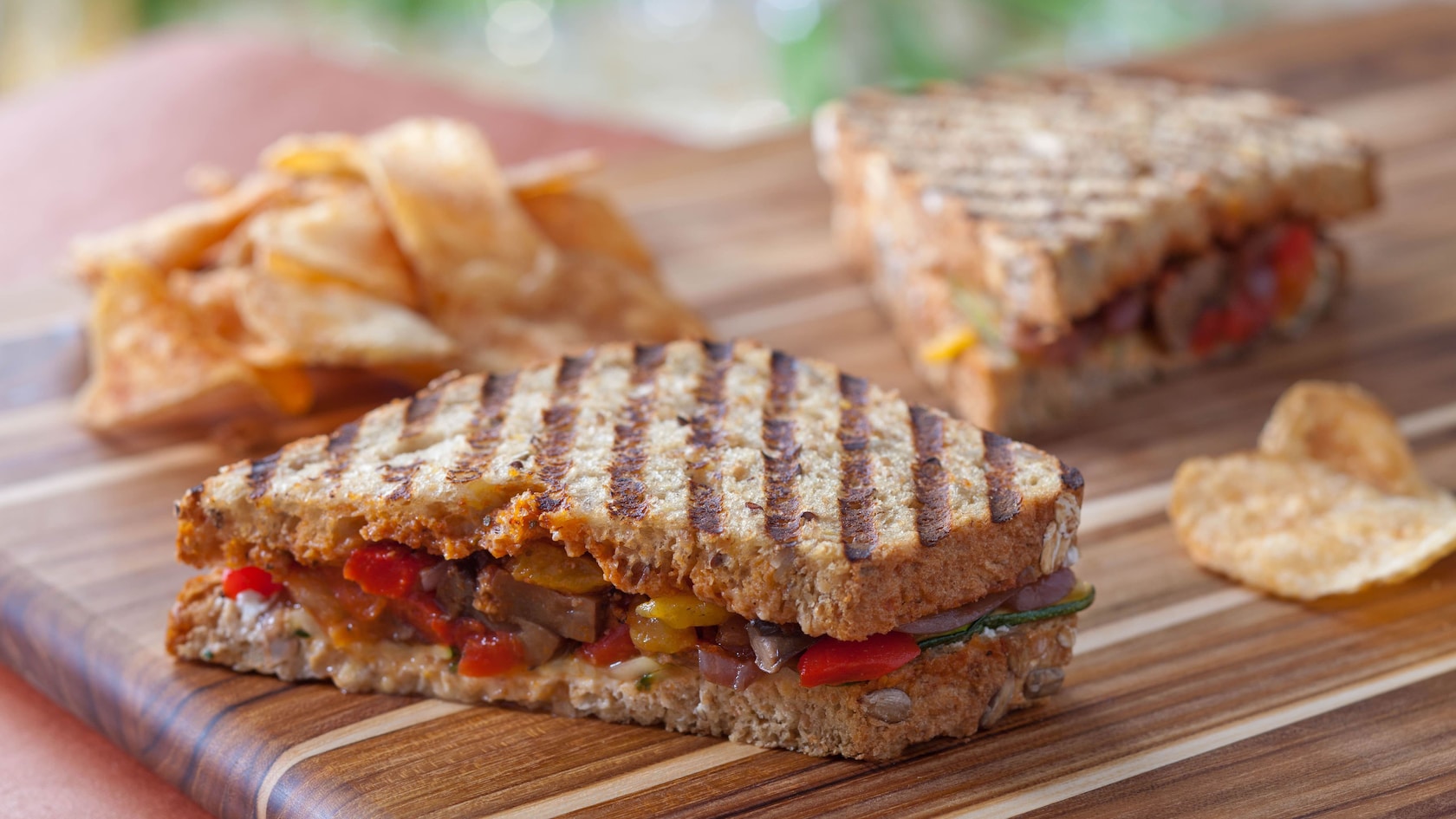 Roasted vegetable panini with house-made Saratoga chips