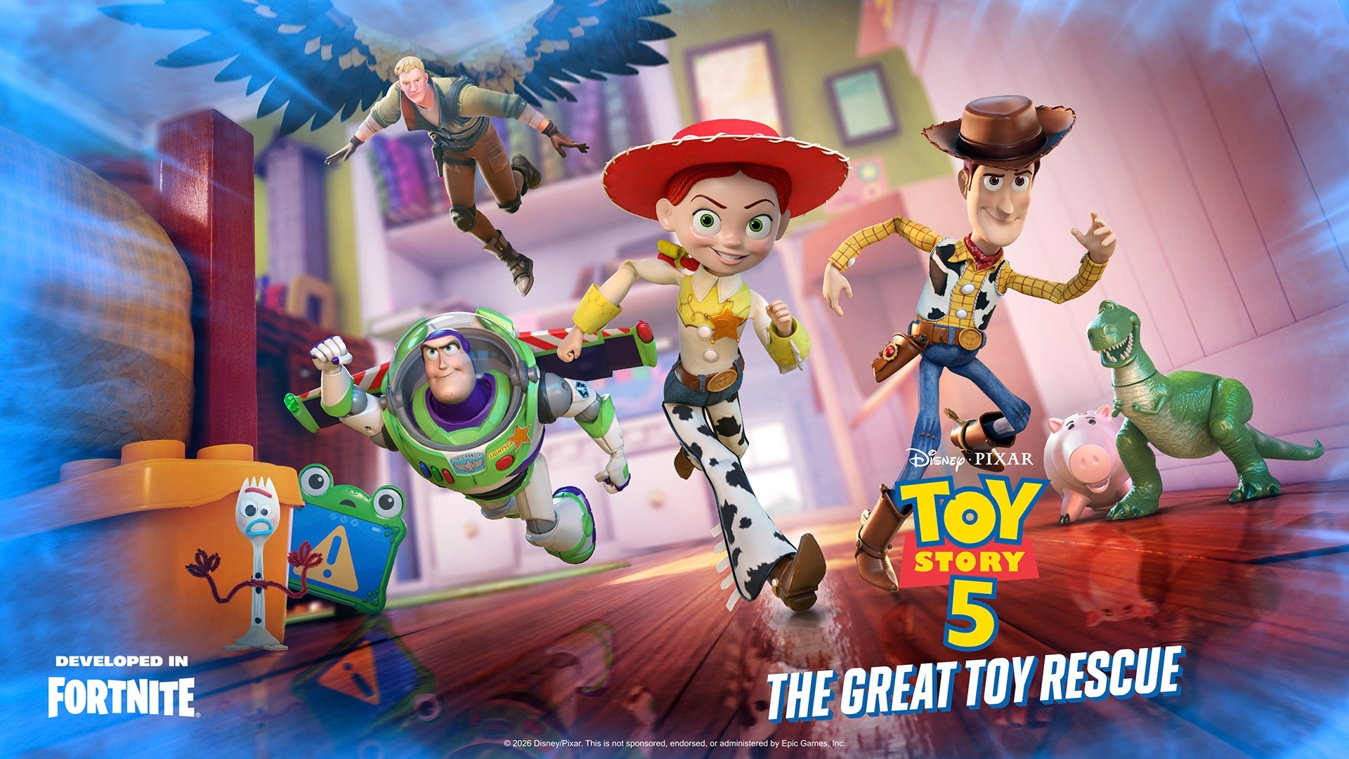 Toy Story 5: The Great Toy Rescue key art with Woody, Jessie, Buzz Lightyear and other toys beside the Fortnite logo