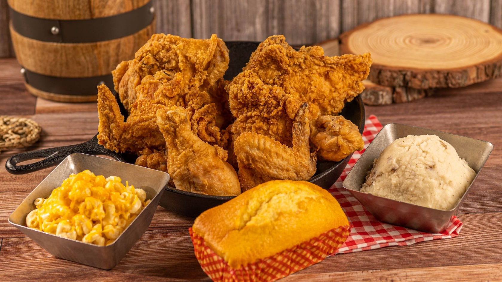 Eight piece fried chicken meal with mashed potatoes, macaroni & cheese and cornbread from Trails End Restaurant