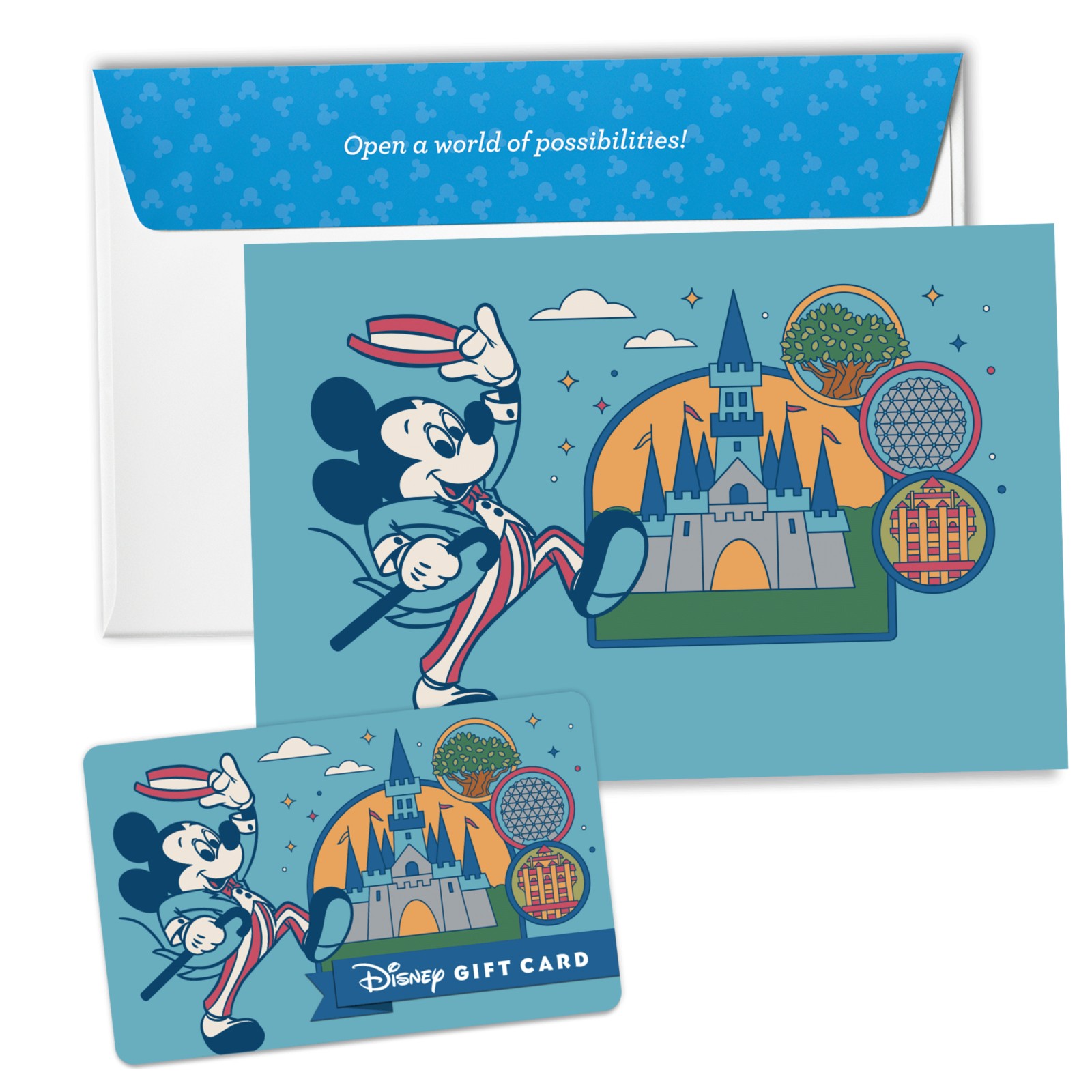 Walt Disney World Resort 55th Anniversary physical Disney Gift Card and carrier showing Mickey Mouse in front of Cinderella Castle and park icons