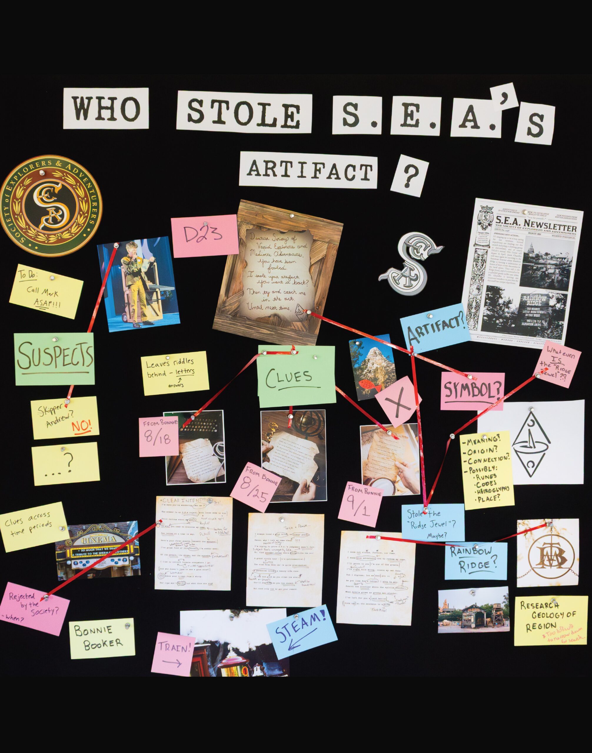 Walt Disney Imagineering's Who Stole S.E.A.'s Artifact conspiracy board with suspects, clues, the three riddles dated 8/18, 8/25 and 9/1, a Matterhorn photo, an unknown symbol, the S.E.A. Newsletter and notes on Rainbow Ridge and the Ridge Jewel