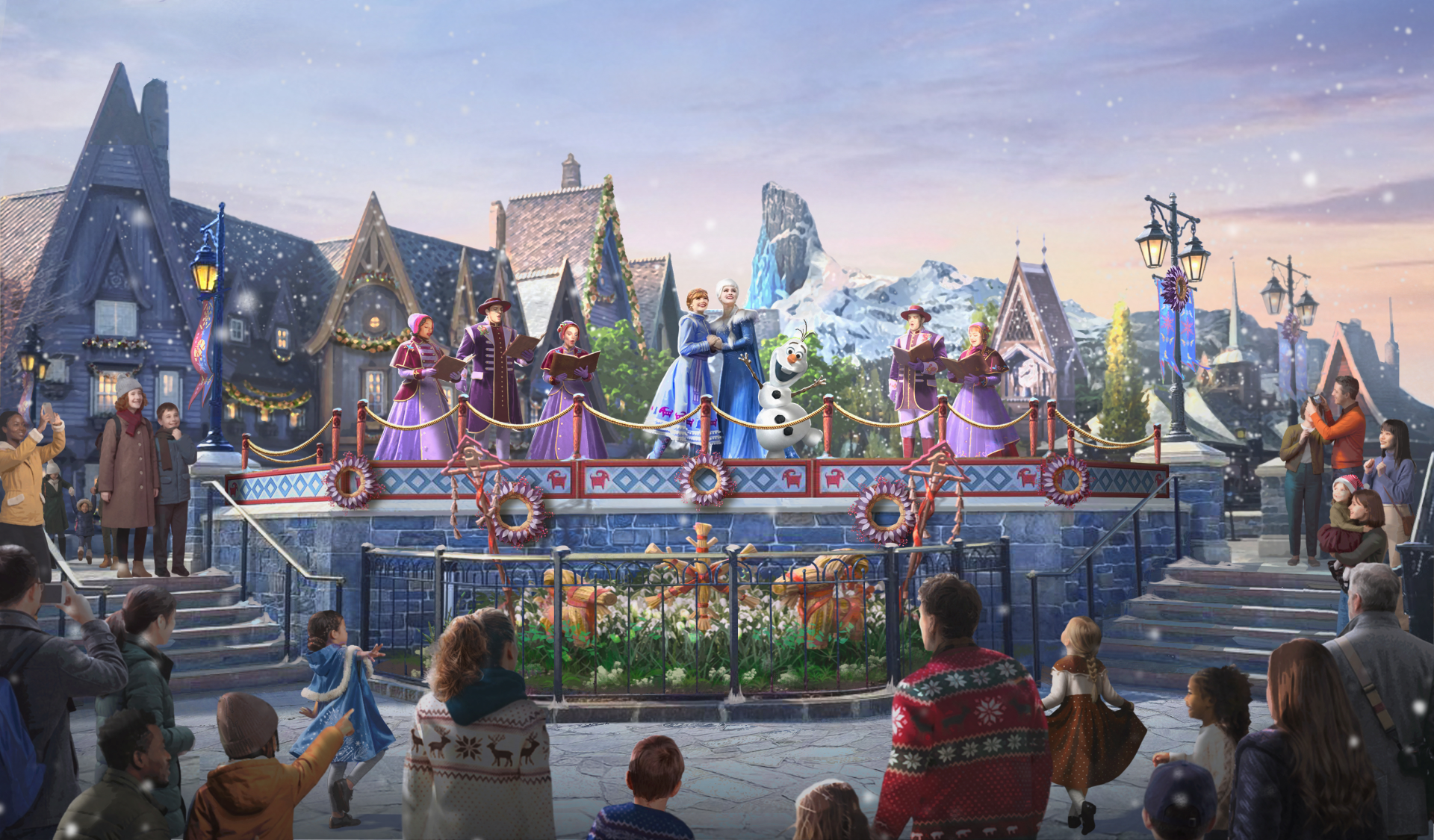 World of Frozen decorated for Christmas at Disney Adventure World in Disneyland Paris
