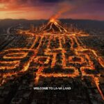 9-1-1 Season 10 key art showing lava flowing through Los Angeles streets in the shape of the 9-1-1 logo beneath a volcano, with the words Welcome To LA-VA Land