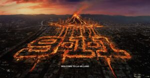 9-1-1 Season 10 key art showing lava flowing through Los Angeles streets in the shape of the 9-1-1 logo beneath a volcano, with the words Welcome To LA-VA Land