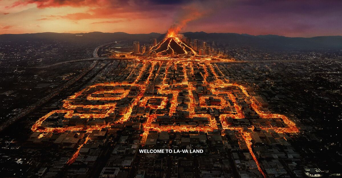 9-1-1 Season 10 key art showing lava flowing through Los Angeles streets in the shape of the 9-1-1 logo beneath a volcano, with the words Welcome To LA-VA Land