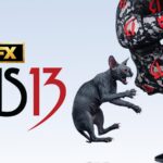 AHS 13 key art from FX showing a hairless sphynx cat hissing at a figure in black lace and patent boots covered in red 13s