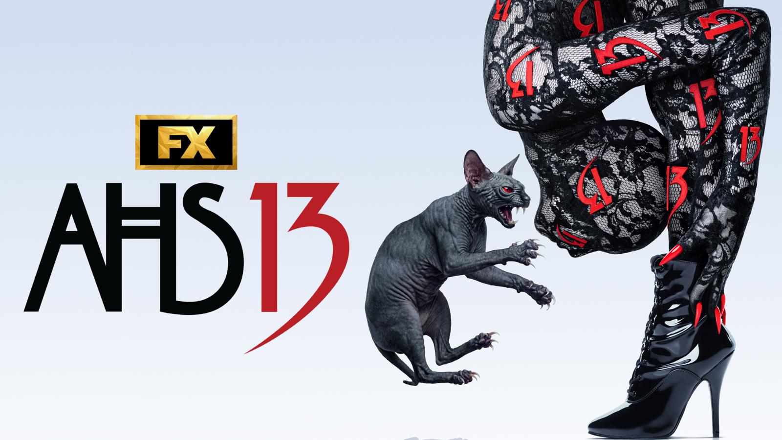 AHS 13 key art from FX showing a hairless sphynx cat hissing at a figure in black lace and patent boots covered in red 13s