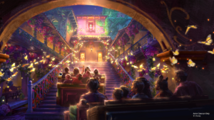 Artist concept of riders inside Casita for Antonio's Fiesta de Encanto, coming to Tropical Americas at Disney's Animal Kingdom