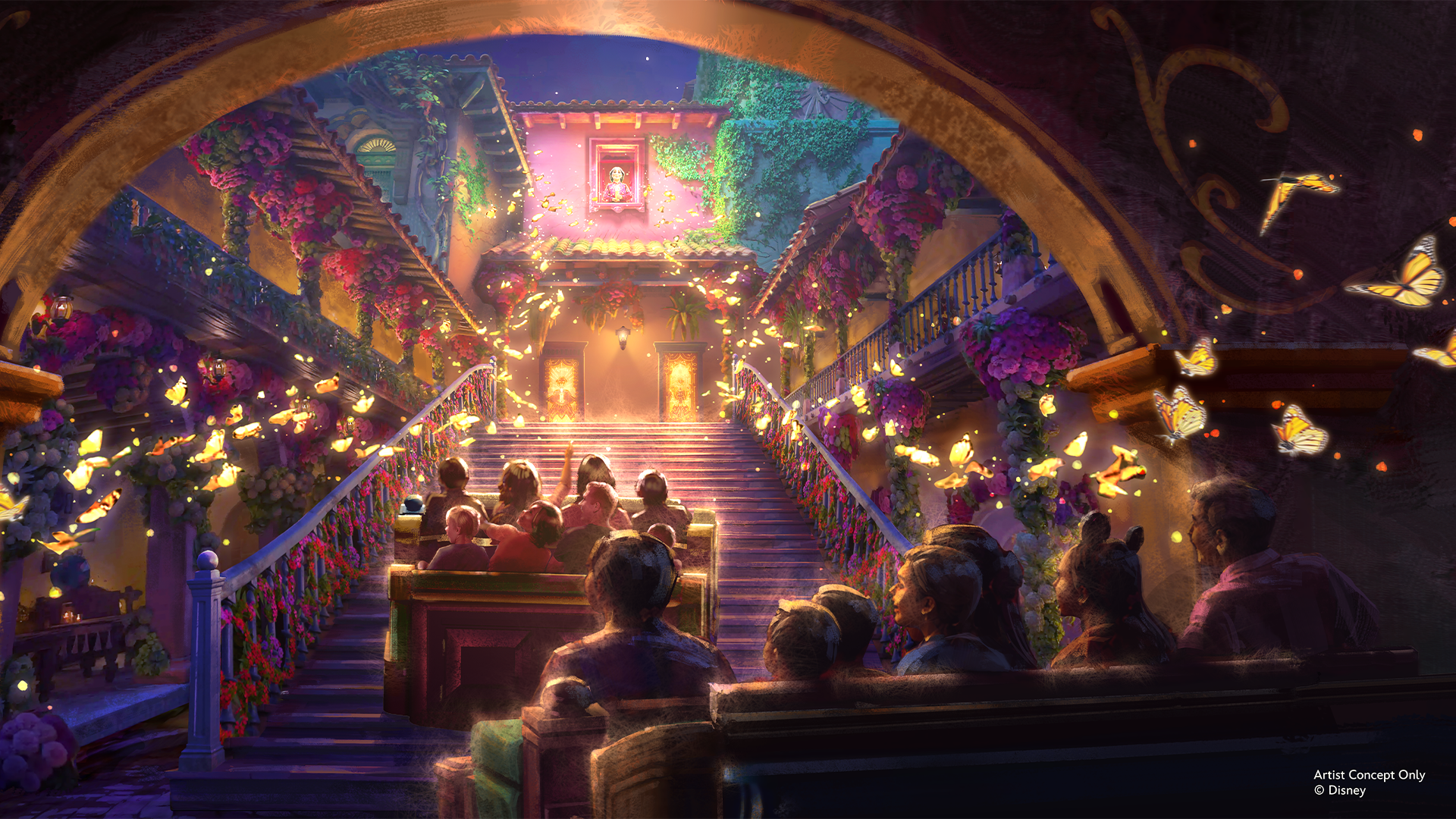 Artist concept of riders inside Casita for Antonio's Fiesta de Encanto, coming to Tropical Americas at Disney's Animal Kingdom