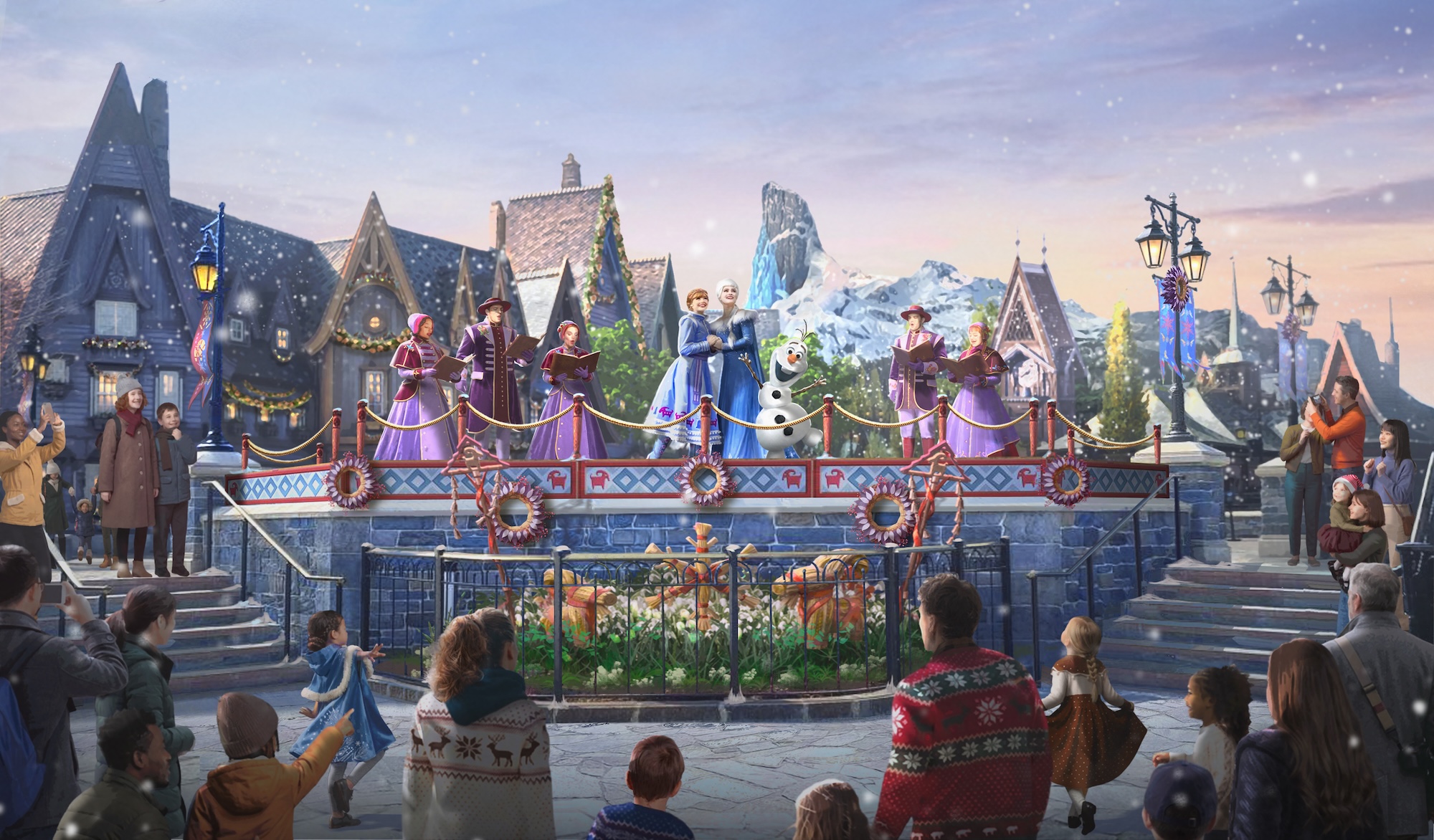 The Arendelle Carolers holiday show in World of Frozen at Disney Adventure World