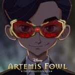 First poster for Artemis Fowl: The Animated Series showing Artemis in a suit wearing glowing red goggles, with Disney Channel and Disney+ logos