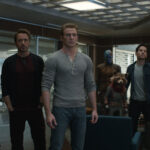 Hawkeye, War Machine, Tony Stark, Steve Rogers, Nebula, Rocket, Scott Lang and Natasha Romanoff stand together in a still from Avengers: Endgame