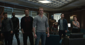 Hawkeye, War Machine, Tony Stark, Steve Rogers, Nebula, Rocket, Scott Lang and Natasha Romanoff stand together in a still from Avengers: Endgame
