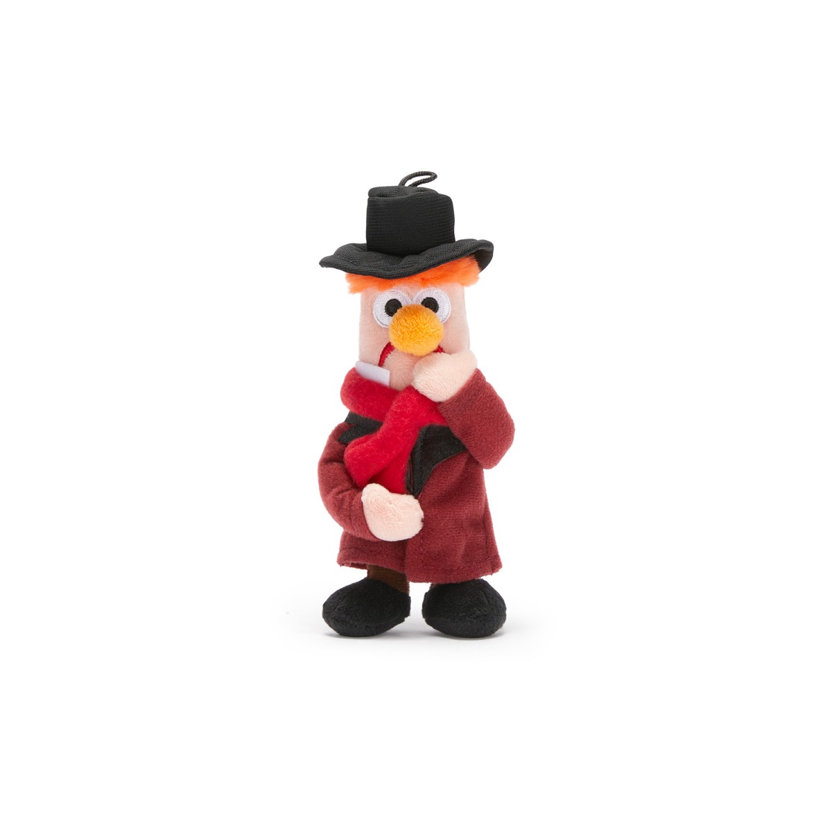 Beaker as a charity collector mini plush in a Victorian coat and hat