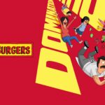 Bob's Burgers key art showing the Belcher family tumbling across a red and yellow background