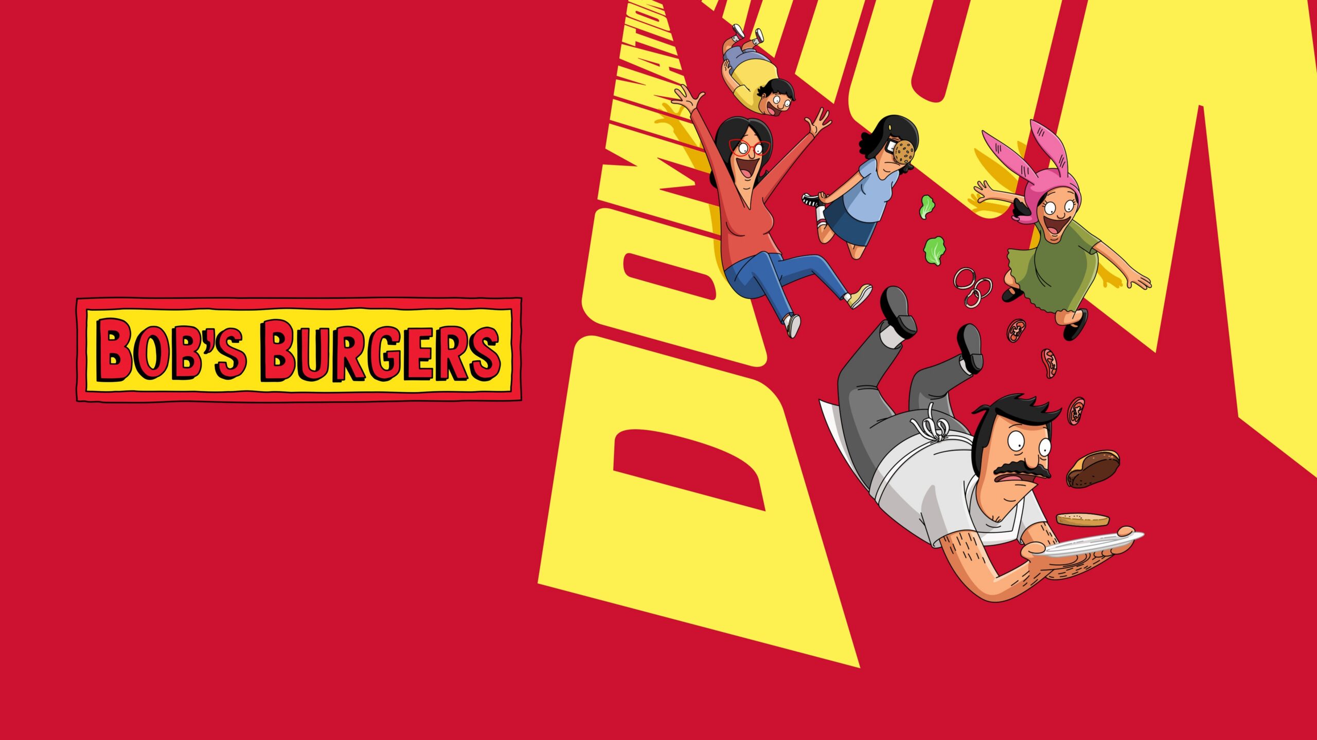 Bob's Burgers key art showing the Belcher family tumbling across a red and yellow background