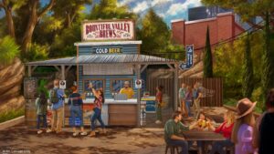 Artist concept of Bountiful Valley Brews, a blue wood kiosk with a Cold Beer sign, a covered patio and outdoor tables at Disney California Adventure