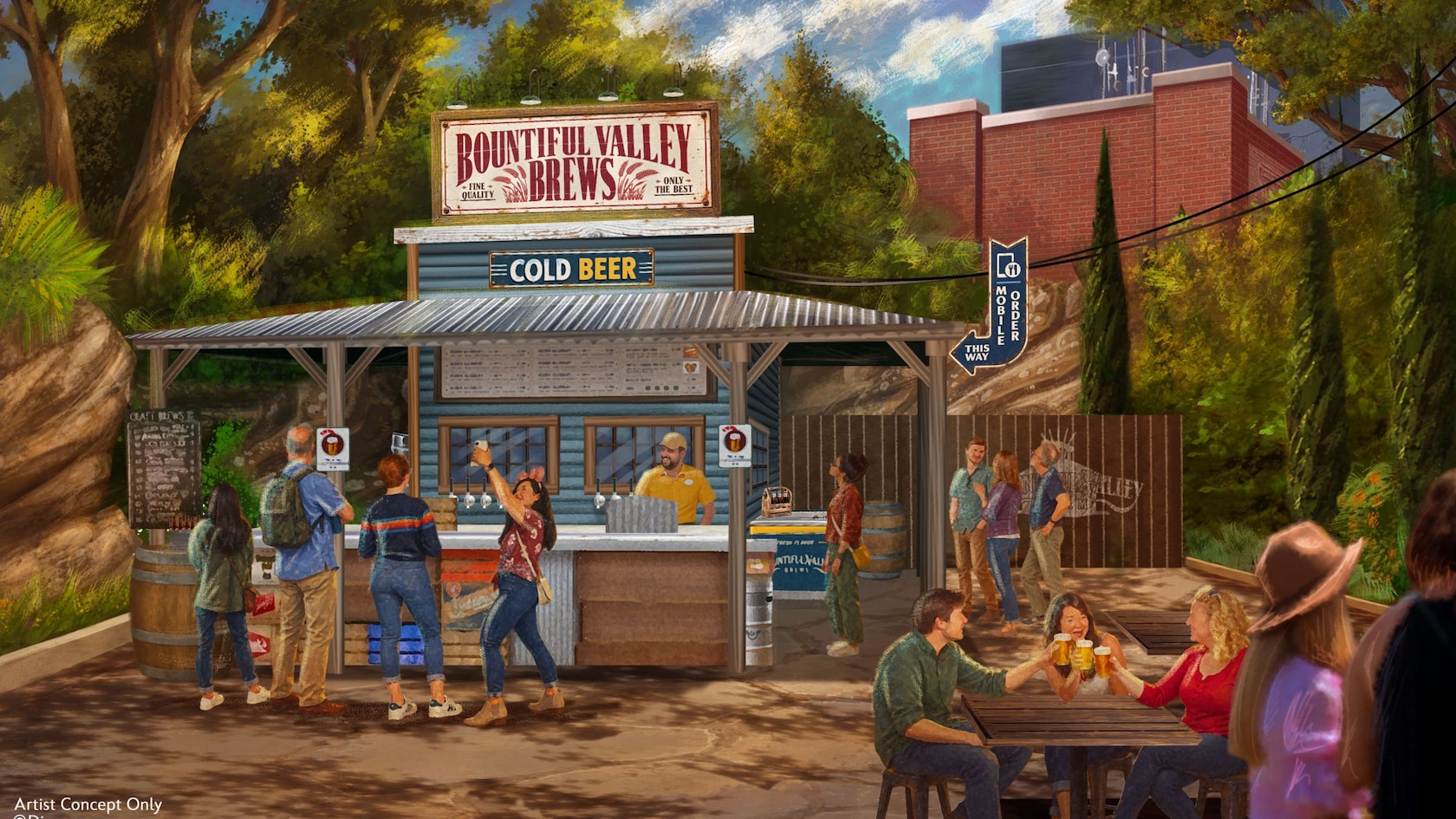Artist concept of Bountiful Valley Brews, a blue wood kiosk with a Cold Beer sign, a covered patio and outdoor tables at Disney California Adventure