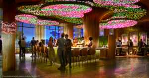 Artist rendering of the Branch & Brush lounge at Disney's Lakeshore Lodge, with a curved bar, glowing leaf canopy ceiling and windows overlooking Bay Lake