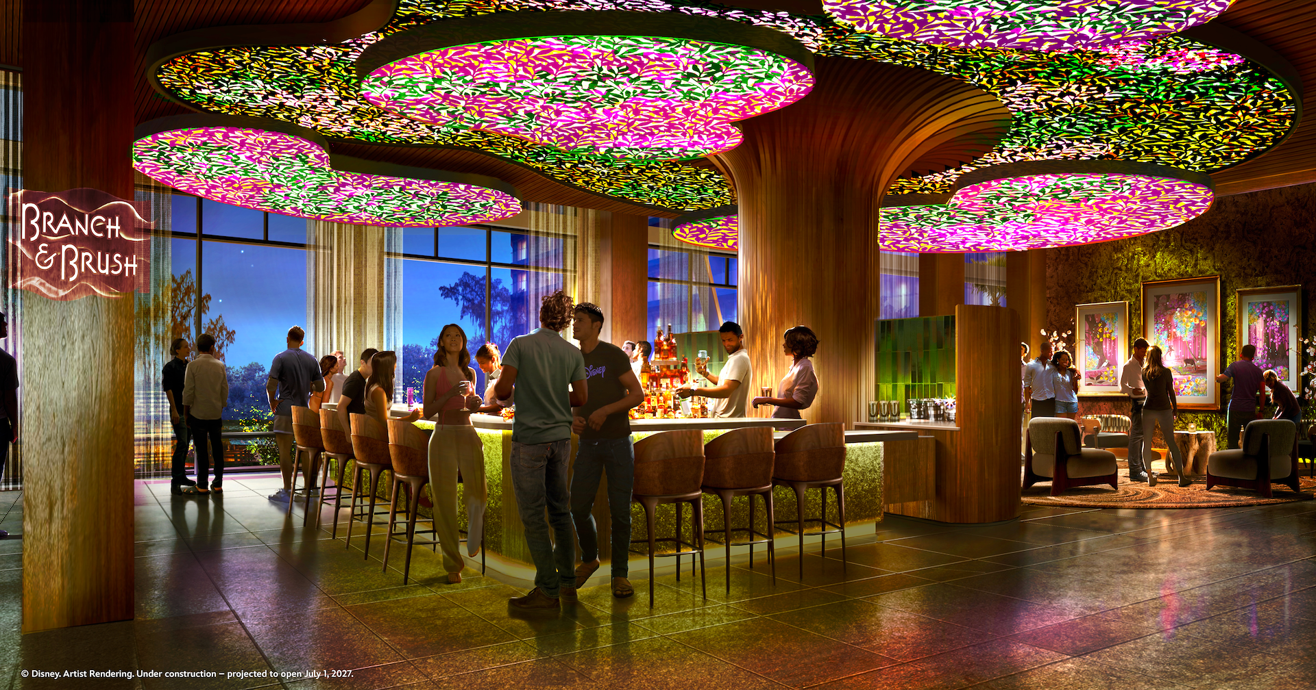 Artist rendering of the Branch & Brush lounge at Disney's Lakeshore Lodge, with a curved bar, glowing leaf canopy ceiling and windows overlooking Bay Lake