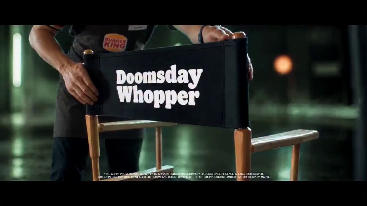 A Burger King employee places a director's chair reading Doomsday Whopper in Burger King India's Avengers: Doomsday teaser