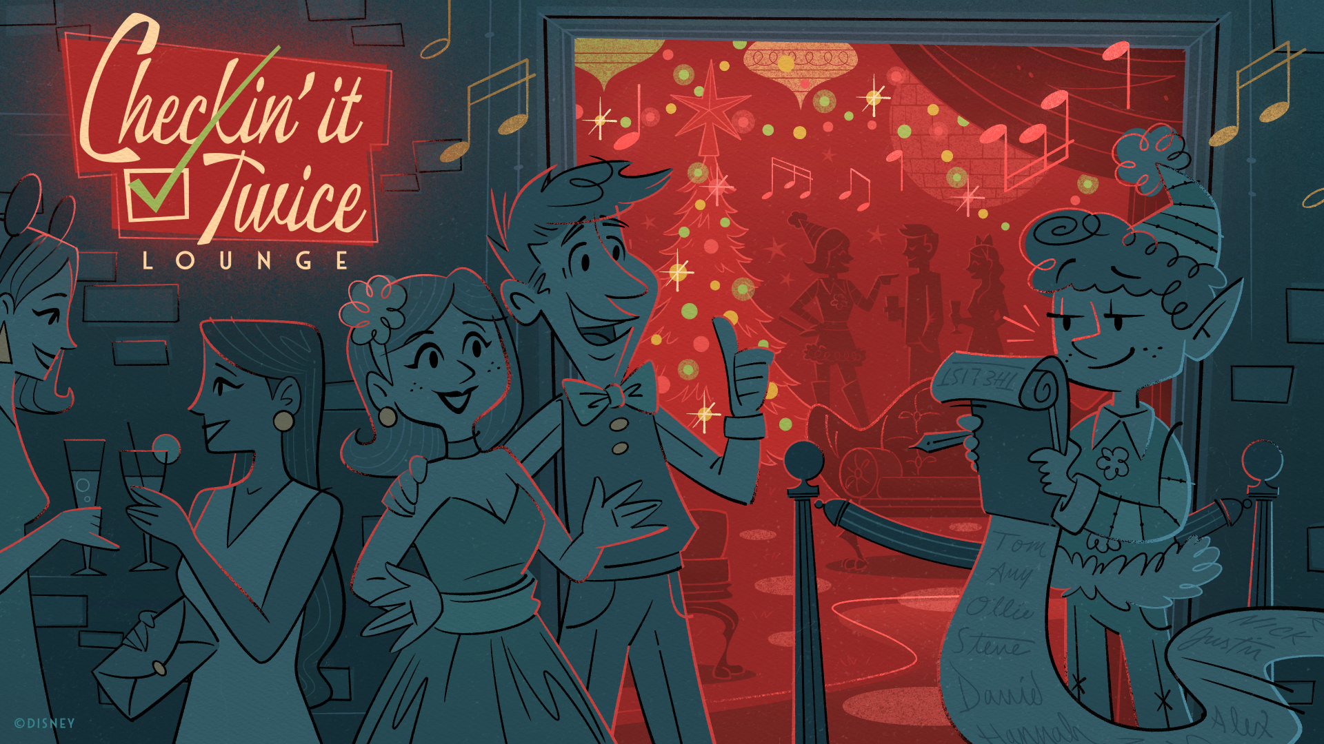 Checkin' It Twice Lounge concept for Disney Jollywood Nights 2026 at Disney's Hollywood Studios