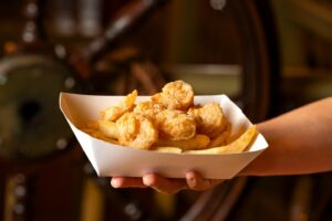 Hand-breaded Shrimp Platter with fries at Columbia Harbour House