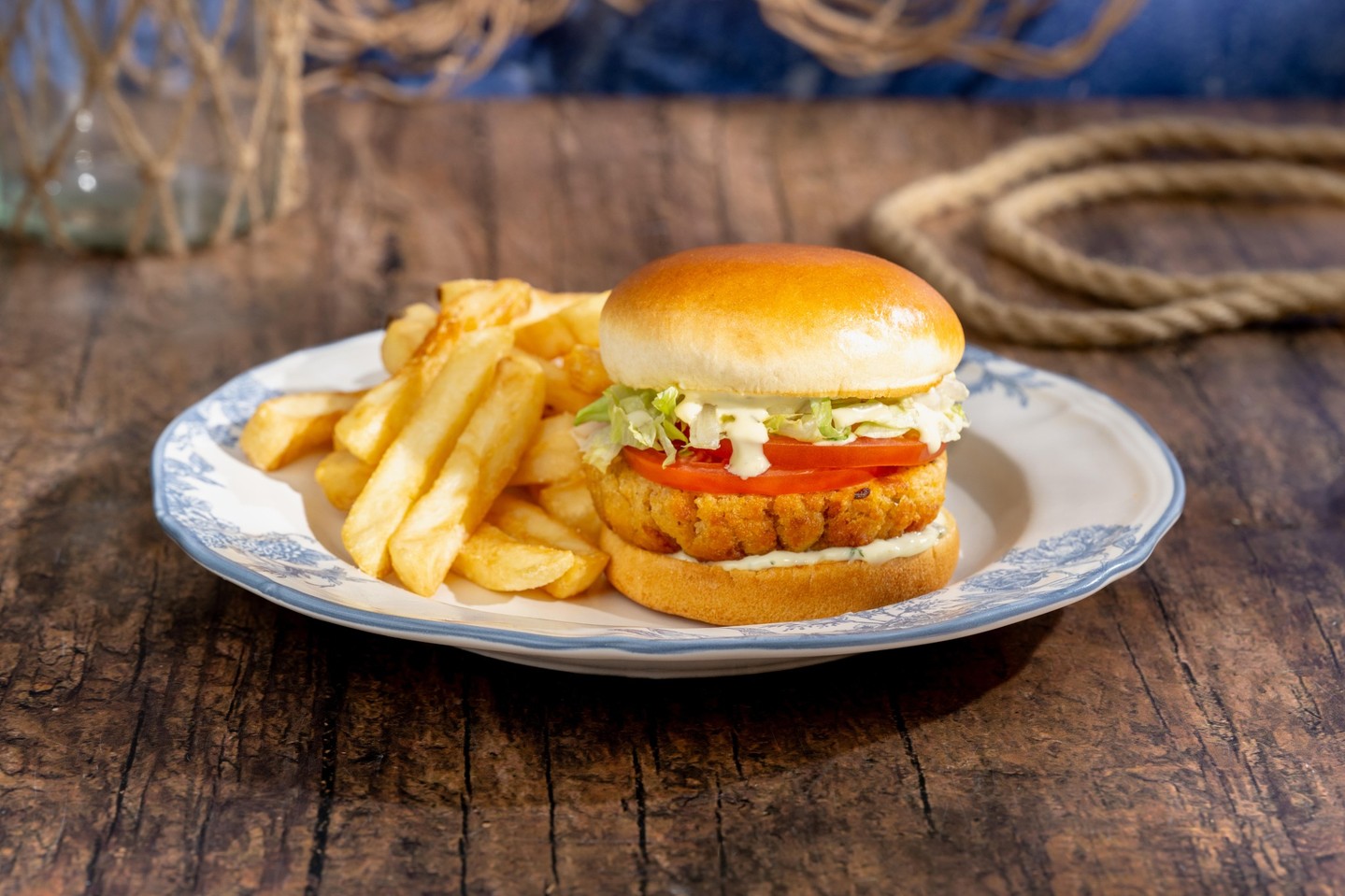 Plant-based Crab Cake Sandwich with fries at Columbia Harbour House