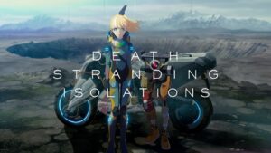 The lead character of Death Stranding Isolations stands beside a motorcycle in front of a crater in the teaser trailer