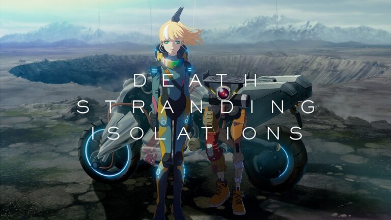 The lead character of Death Stranding Isolations stands beside a motorcycle in front of a crater in the teaser trailer