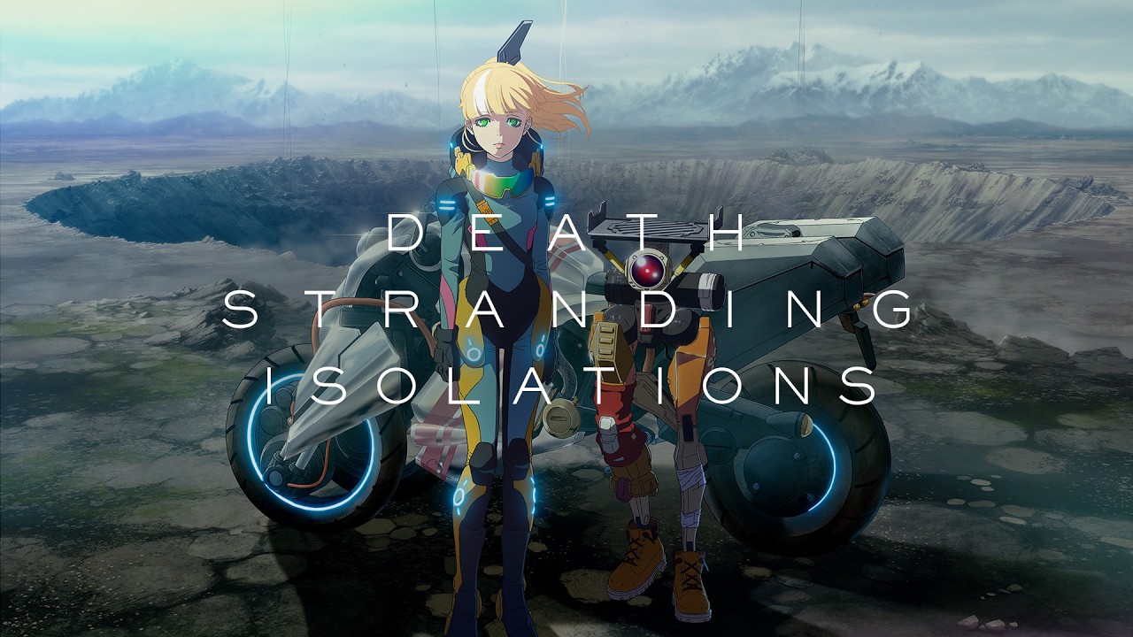 The lead character of Death Stranding Isolations stands beside a motorcycle in front of a crater in the teaser trailer