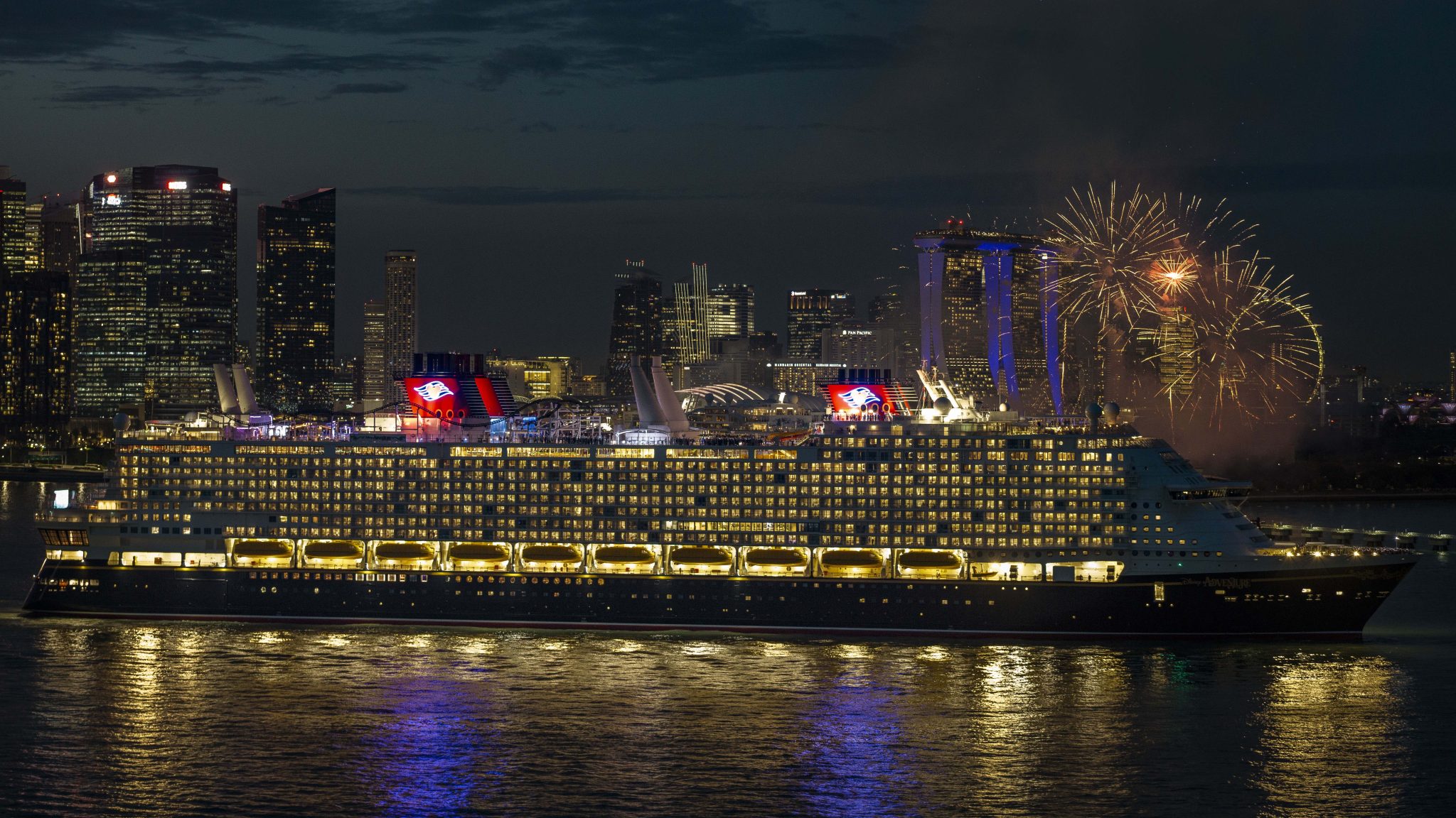 The Disney Adventure cruise ship arriving in Singapore