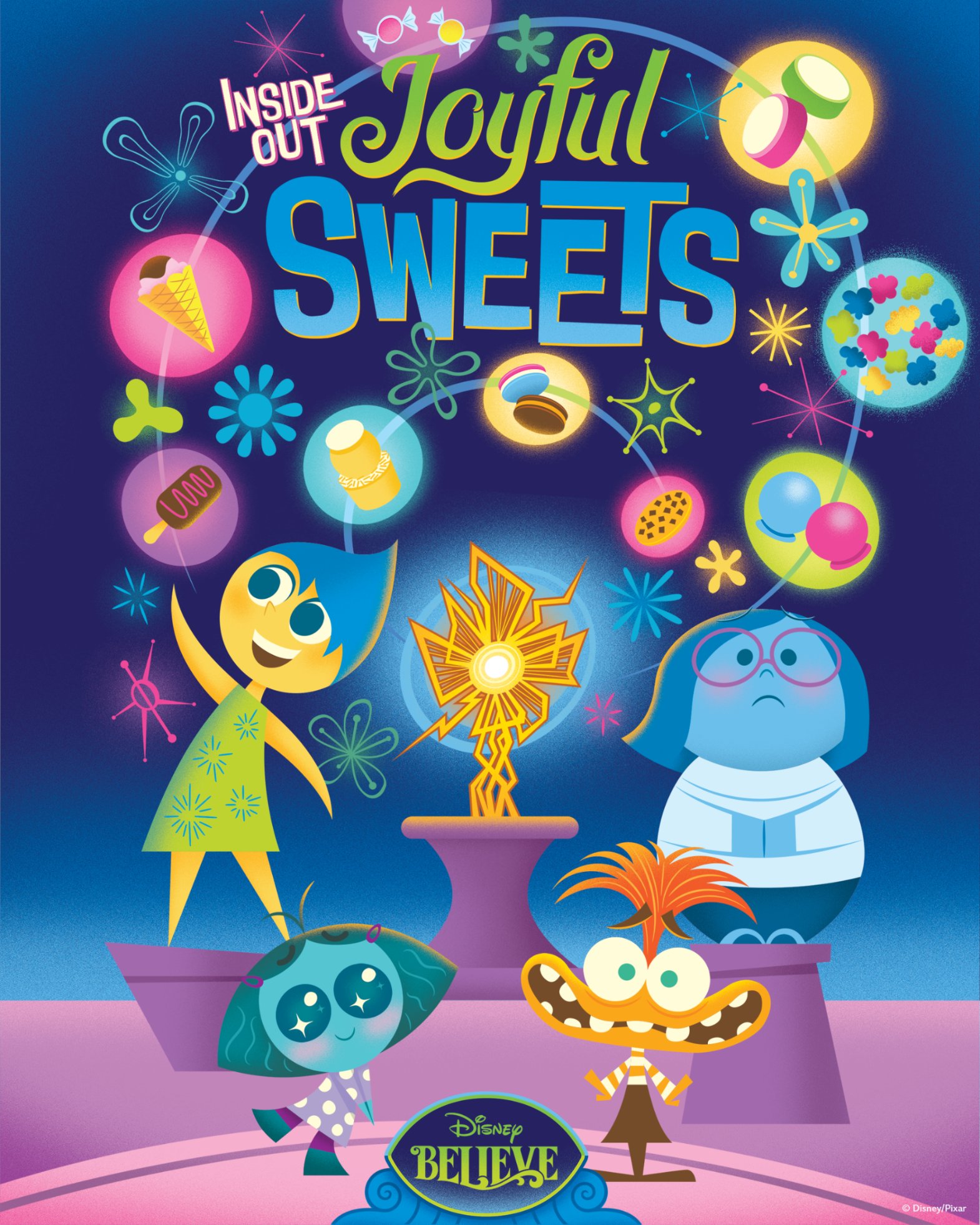 Inside Out: Joyful Sweets poster for the Disney Believe showing Joy, Sadness, Envy and Anxiety surrounded by glowing treats
