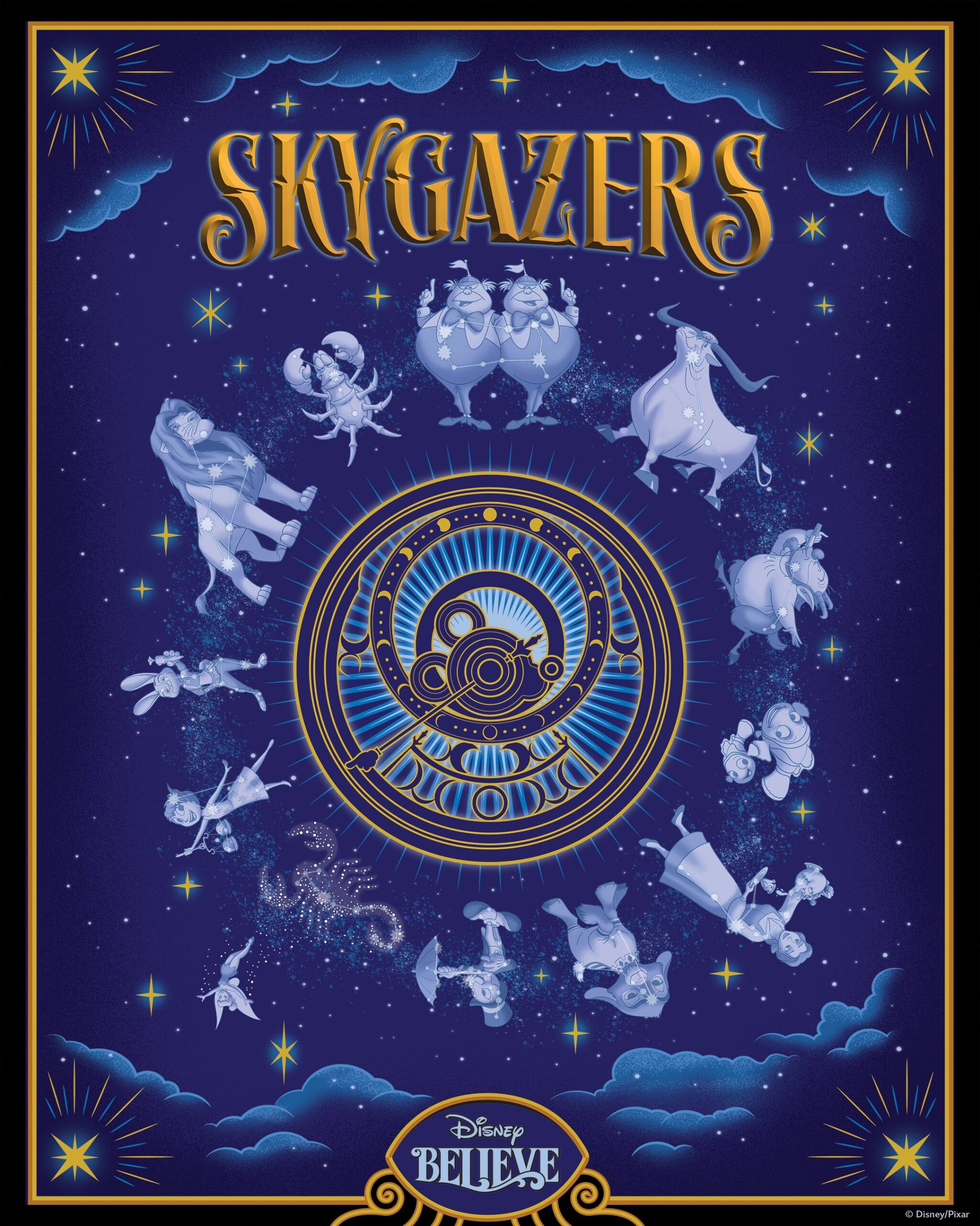 Skygazers poster for the Disney Believe showing Disney characters drawn as constellations circling a gold astrolabe-style dial against a starry sky