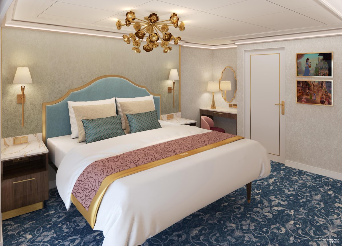 Concept art of the Disney Believe Royal Rose Suite second bedroom with a blue headboard trimmed in gold, a gold floral chandelier and two framed character scenes