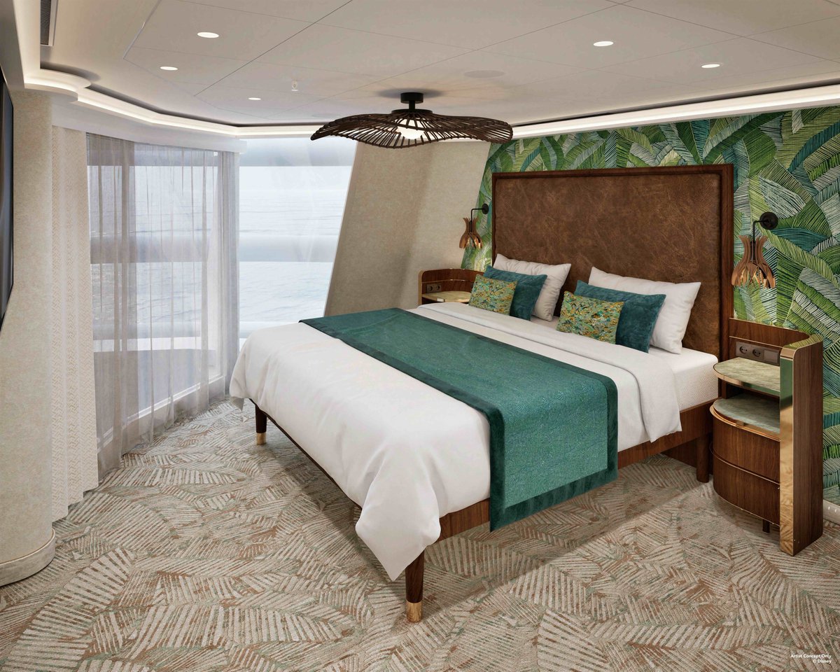 Concept art of the Disney Believe Tower Suite primary bedroom with green leaf wallpaper, a leather headboard and a woven pendant light