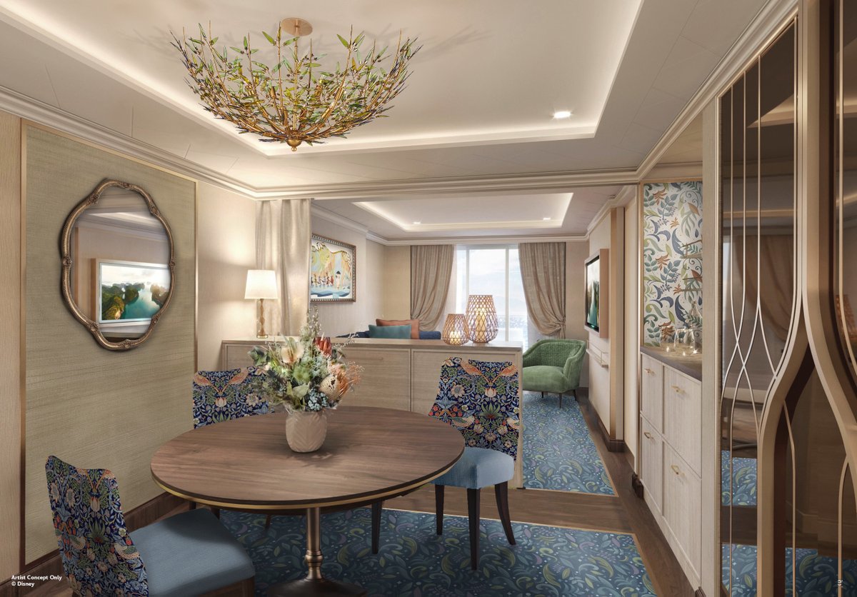 Concept art of a Disney Believe concierge one-bedroom suite living room with a round dining table, bird-patterned chairs, a branch chandelier and a living area by the window