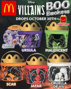 Five Disney Villains Boo Buckets from McDonald's: Ursula, Maleficent, Scar, Jafar and Cruella De Vil