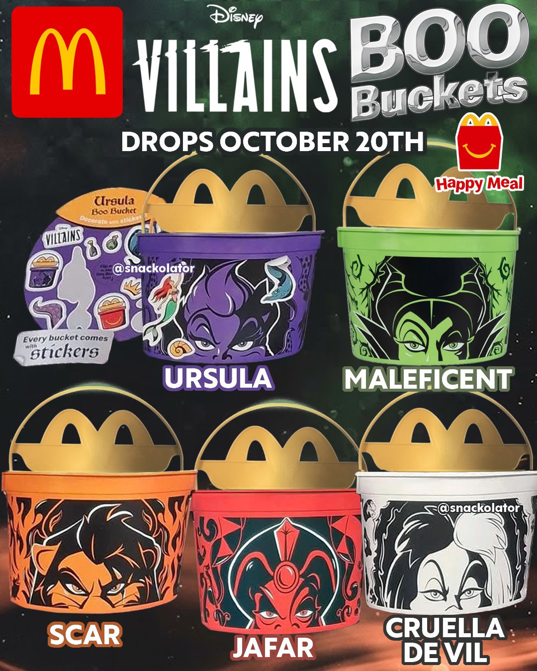 Five Disney Villains Boo Buckets from McDonald's: Ursula, Maleficent, Scar, Jafar and Cruella De Vil