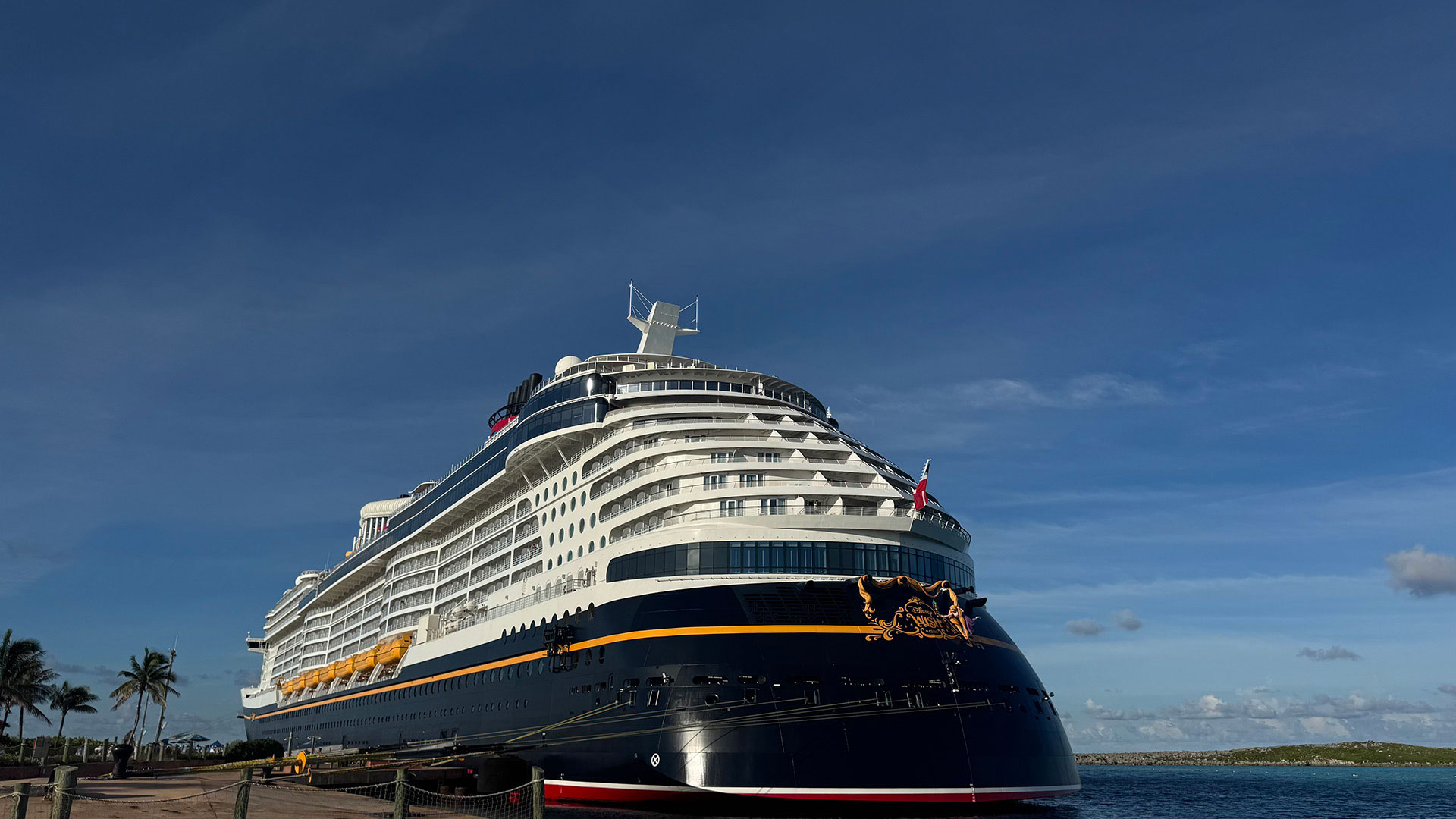 The Disney Wish docked at Disney Castaway Cay in the Bahamas