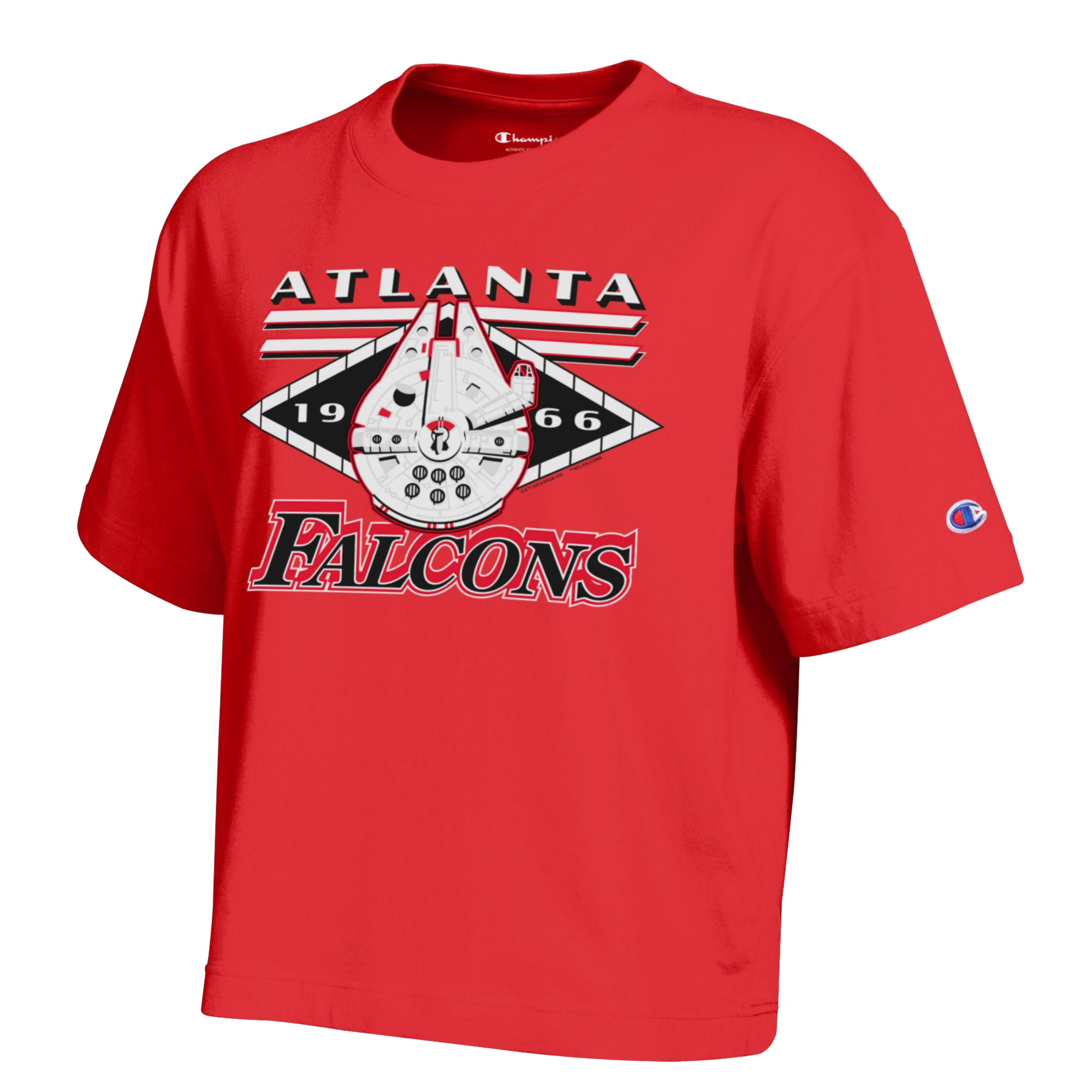 Red Disney X NFL Atlanta Falcons ladies tee with the Millennium Falcon in the team graphic