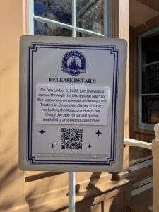 Disney Pins release details sign for the November 3, 2026 Kingdom Hearts pin virtual queue at Disneyland Resort