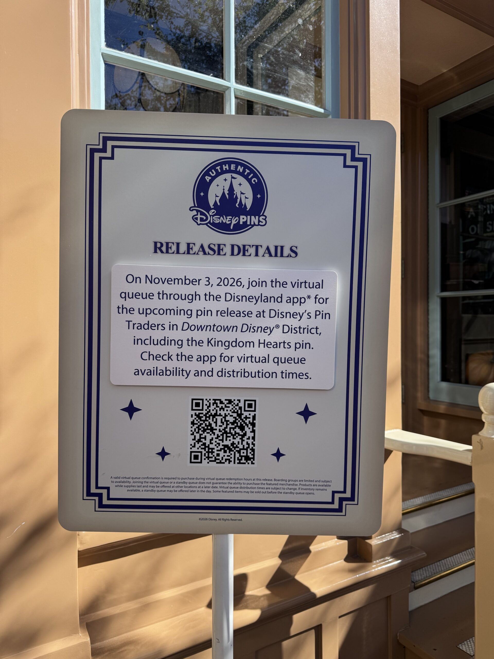 Disney Pins release details sign for the November 3, 2026 Kingdom Hearts pin virtual queue at Disneyland Resort